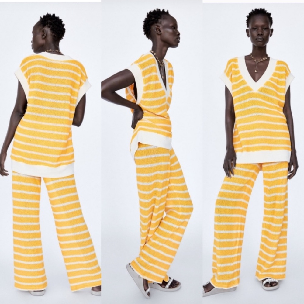 ☀️ ZARA TALL BOHO YELLOW WHITE STRIPE SHEER HIGH WAIST WIDE LEG PANTS! - Picture 16 of 16
